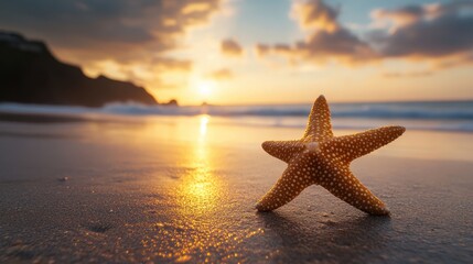 Fototapeta na wymiar Starfish on a beach at sunset, golden hour light. Perfect for travel, summer, or vacation themes, evokes peace and tranquility.
