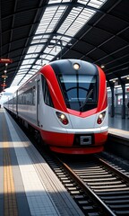 Fototapeta premium A red and silver train is at platform.