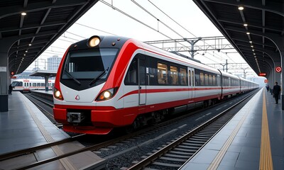 Fototapeta premium A red and white train pulling into station.