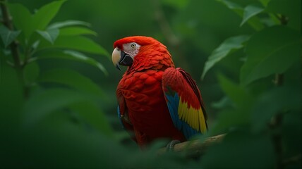 Fototapeta premium A red macaw parrot sitting on a tree branch.