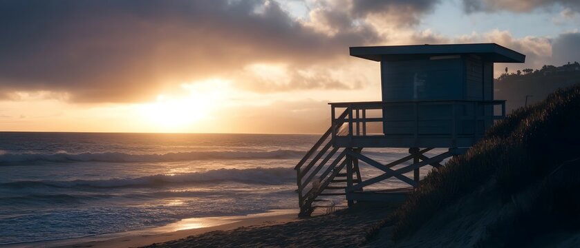 Breathtaking sunset view over a deserted lifeguard tower on a tranquil beach  The dramatic sky reflects beautifully in the calm ocean waves creating a peaceful and serene coastal landscape scene