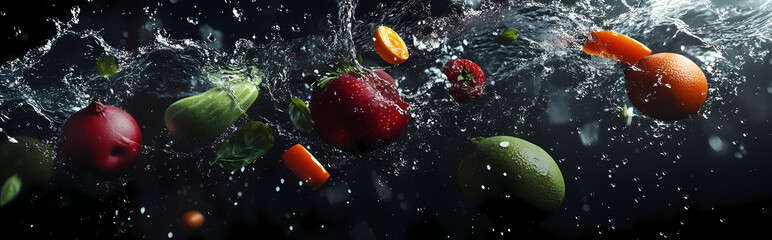 Vibrant Fruit Splash: Dynamic shot capturing a colorful array of fresh fruits and vegetables, suspended in mid-air amidst a splash of water, perfect for representing health and freshness.