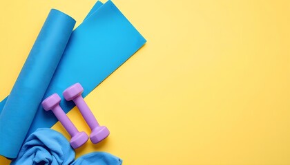A vibrant blue background showcases yellow fitness accessories, embodying the celebration of International Yoga Day