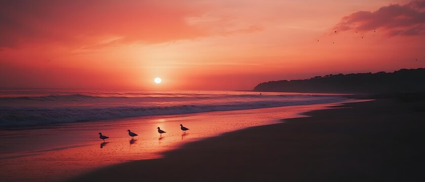 Breathtaking sunset over a tranquil beach with waves gently lapping the shore and seagulls soaring against a dramatic fiery sky  A serene and peaceful coastal landscape