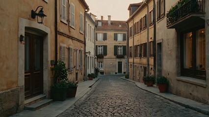 Fototapeta premium Charming European Cobblestone Street at Sunset