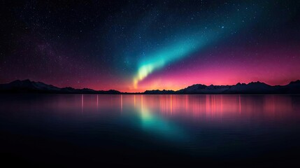 Dark sky idea. A stunning panoramic view of colorful northern lights reflecting on serene waters.
