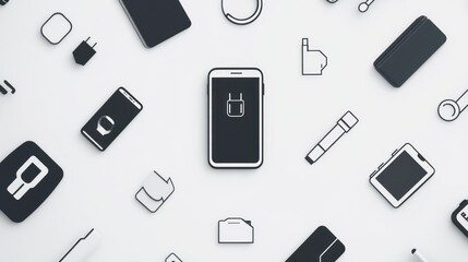Smartphone accessories flatlay; charging, white background; tech lifestyle; website banner