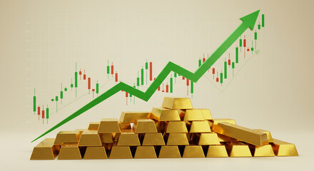 Rising Gold Prices A 3D Render of Gold Bars with a Green Upward Trend Chart