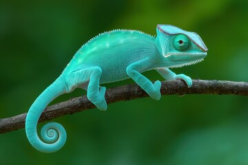 Fototapeta premium Light turquoise chameleon in profile view perched on a branch against a soft green bokeh background in its natural environment