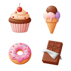 Cartoon Sweet Treats Collection Cupcake Ice Cream Donut and Chocolate