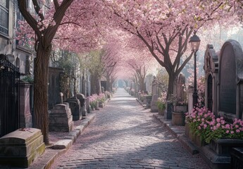 Obraz premium Serene Pathway Through Enchanted Cemetery Lined with Blooming Cherry Blossoms and Vintage Gravestones Under Gentle Morning Light