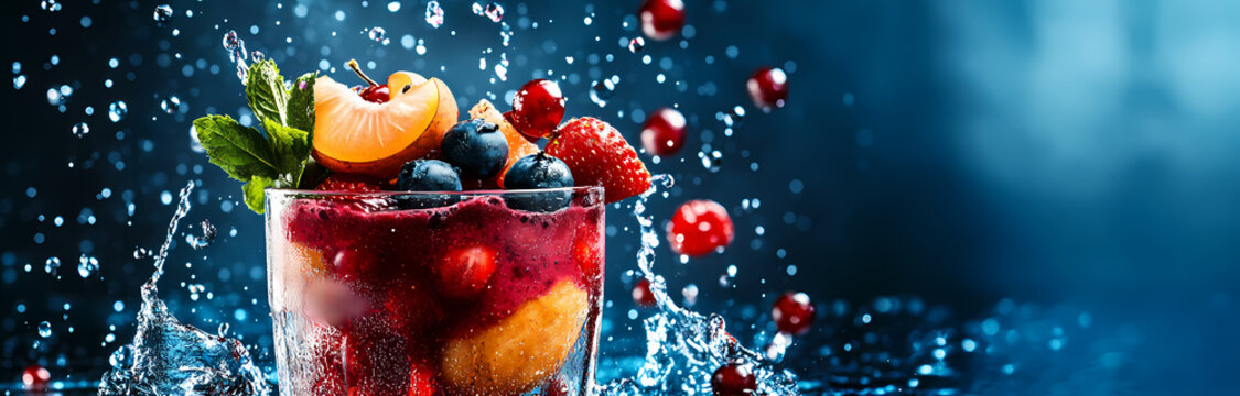 Vibrant Fruit Cocktail: A refreshing cocktail bursts with an array of fresh fruits, showcasing a tantalizing mix of colors and flavors. Sprinkled water drops enhanced a dynamic visual appeal.