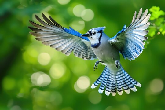 Vibrant blue jay bird in dynamic flight with wings fully spread against a lush green bokeh background in a natural outdoor setting

