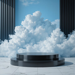 Blank Contemporary black luxury Podium, front view focus, with blue cloud Background, ideal for luxury and skincare product displays