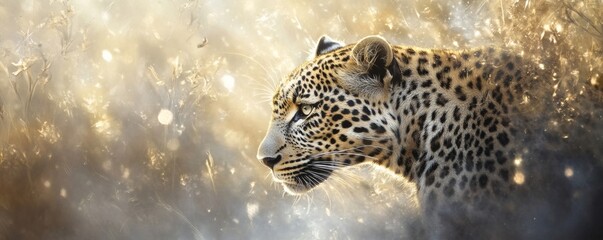 A beautiful leopard gazes intently with focused attention to the side