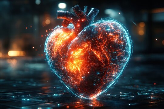 Futuristic Digital Art of Human Heart with Neon Pulse Lines and Holographic Waves
