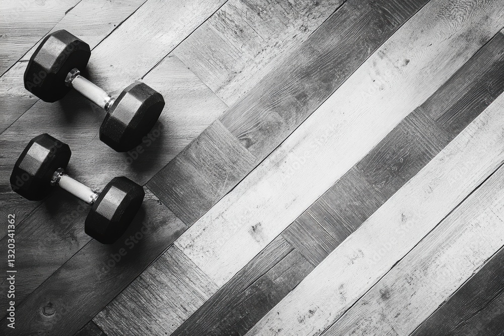Poster minimalist black and white dumbbells on a textured wooden floor highlighting diagonal lines and nega