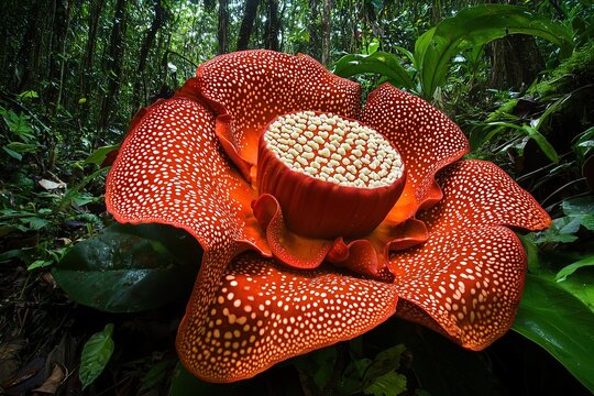 Giant rafflesia flower with textured red petals and white spots blooming in a lush green rainforest environment

