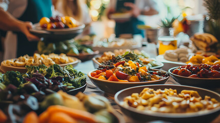 Feast of Flavors: A bountiful spread of colorful dishes, from vibrant salads to fresh fruits, enticing the eye and tempting the taste buds, all set on a beautifully decorated table.