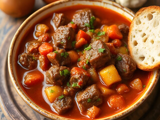 Hearty Beef Stew Close-up of a Delicious Bowl with Bread, Carrots, Potatoes, and Parsley.