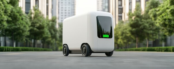 automated efficiency productivity monitoring concept. Autonomous delivery vehicle in an urban setting surrounded by greenery.