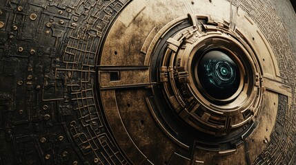 Cybernetic shield with robotic eye illustrates AIs role in cybersecurity using advanced design principles