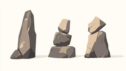 Cartoon rocks, various shapes, isolated, white background, game asset