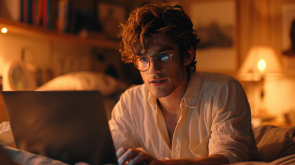Obraz premium A businessman is working on laptop in the office. A student wearing glasses is studying and researching in his room