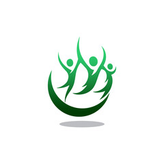 Green logo depicting three people jumping in a circle.