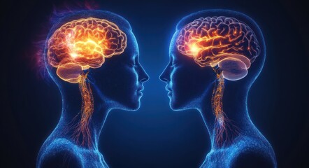 Illuminated Human Profiles with Glowing Brains and Nervous Systems Communication Meditation