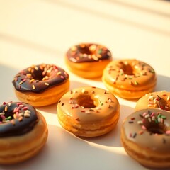 donuts with chocolate spread and colorful
sprinkles on a white background