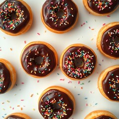 donuts with chocolate spread and colorful
sprinkles on a white background