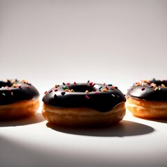 donuts with chocolate spread and colorful
sprinkles on a white background
