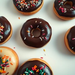 donuts with chocolate spread and colorful
sprinkles on a white background