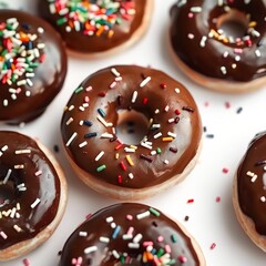 donuts with chocolate spread and colorful
sprinkles on a white background