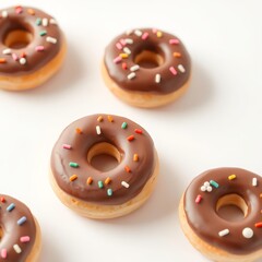 donuts with chocolate spread and colorful
sprinkles on a white background