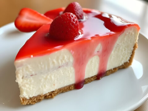 Delicious slice of strawberry cheesecake with red glaze, close-up on white plate. Perfect dessert food photography for menu, advertising, or recipe books.