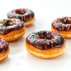 donuts with chocolate spread and colorful
sprinkles on a white background