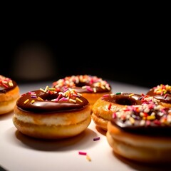 donuts with chocolate spread and colorful
sprinkles on a white background