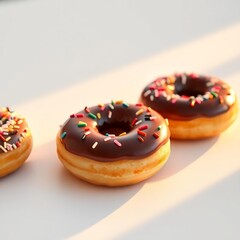 donuts with chocolate spread and colorful
sprinkles on a white background