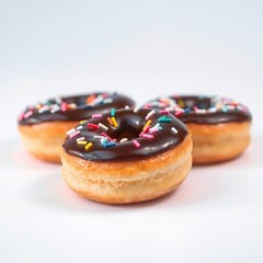 donuts with chocolate spread and colorful
sprinkles on a white background