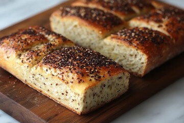 Artisan sourdough bread with flax and sesame seeds, perfectly baked. Ideal for food blogs, bakery websites, and recipes showcasing delicious, homemade bread.