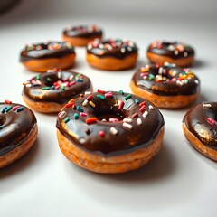 donuts with chocolate spread and colorful
sprinkles on a white background
