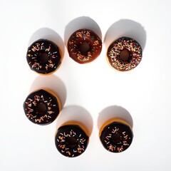donuts with chocolate spread and colorful
sprinkles on a white background