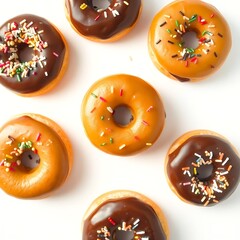 donuts with chocolate spread and colorful
sprinkles on a white background