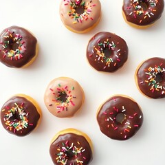 donuts with chocolate spread and colorful
sprinkles on a white background