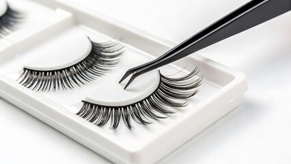 False Eyelashes Set in Black with Tweezers, Isolated on a White Background, Professional Beauty Product Photography Ideal for makeup branding, eyelash extension marketing, and beauty product promotion