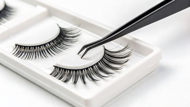 False Eyelashes Set in Black with Tweezers, Isolated on a White Background, Professional Beauty Product Photography Ideal for makeup branding, eyelash extension marketing, and beauty product promotion