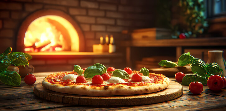 Artisan Pizza: A delicious and rustic pizza, artfully garnished with fresh ingredients, sits before a warm, brick oven, evoking the taste and aroma of authentic Italian cuisine.
