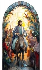 Entry of Jesus Christ into Jerusalem on Palm Sunday, Christian Biblical Illustration in Watercolor Style